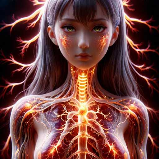 This image is a detailed, computer-generated illustration of a young woman, possibly in her late teens or early twenties, with an anime-inspired appearance. She has long, dark hair that transitions to a grayish hue towards the ends, and her bangs partially cover her forehead. Her striking green eyes are accentuated by long eyelashes, and her lips are a soft pink. The woman's face is framed by a glowing aura of orange and yellow light, which extends from her eyes, down her neck, and along her shoulders, creating a radiant effect. Her skin appears translucent, revealing intricate details of her internal anatomy, including her spine, ribs, and veins, all illuminated in a glowing orange and yellow. The background is a deep black, enhancing the luminous quality of the figure. The overall composition gives the impression of a mystical or supernatural being, with the glowing elements and anatomical details adding to the ethereal atmosphere.