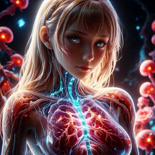 This image depicts a highly detailed, computer-generated illustration of a young girl, approximately 10 to 12 years old, with long blonde hair and bangs. Her striking blue eyes are accentuated by long eyelashes, and her face is adorned with a slight blush on her cheeks. The girl's expression is neutral, and she gazes slightly to the right. Her skin appears semi-transparent, revealing intricate details of her internal anatomy. A prominent blue vein runs from her neck down to her chest, where it branches out into her heart, which is depicted in shades of red and orange. Surrounding her body are glowing red and orange orbs, adding a mystical aura to the image. The background is a deep black, enhancing the contrast and making the vibrant colors of her anatomy and the surrounding orbs stand out even more.