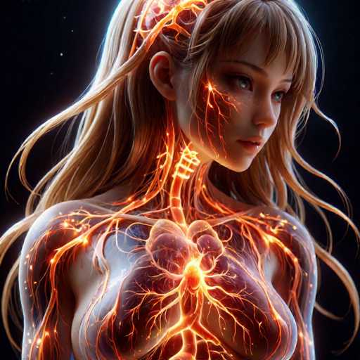 This image is a highly detailed, computer-generated illustration of a young woman with long blonde hair and blue eyes, set against a black background. The woman is depicted from the top of her head down to her chest, with her head slightly tilted to the right and her gaze directed downward. Her face, neck, and upper torso are transparent, revealing intricate anatomical details inside. 

Her brain is illuminated in a glowing orange color, with lines extending from it to her eyes, suggesting a connection between thought and vision. The spine is also highlighted in orange, with branches extending to various parts of her body. Her heart is prominently displayed in the center of her chest, glowing orange and surrounded by a network of veins that extend to her arms and legs. The lungs are visible on either side of the heart, glowing with a similar orange hue.

The woman's skin is translucent, allowing a view of her ribs, clavicles, and the muscles in her arms and chest. Her breasts are also visible, adding to the overall anatomical transparency of the image. The entire illustration has a futuristic, almost sci-fi aesthetic, with the glowing orange elements contrasting vividly against the transparent skin and the dark background.