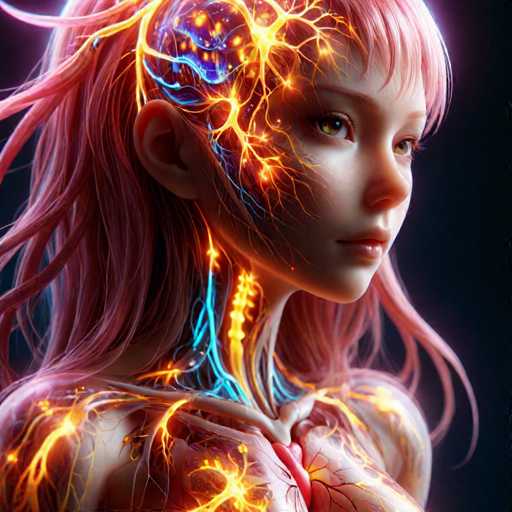 This image is a highly detailed, computer-generated illustration of a young girl, possibly around 10 to 12 years old, with a futuristic and sci-fi aesthetic. The girl has long, flowing pink hair that cascades down her back, with some strands appearing to float in the air. Her face is turned to the right, revealing her light brown eyes and a small, closed mouth. She has a fair complexion, and her neck is adorned with intricate, glowing elements.

Her spine is depicted as a glowing yellow line, and her brain is illuminated with vibrant blue and orange hues, resembling a starry night sky. The veins in her neck and chest are glowing blue, while the arteries are glowing red, creating a striking contrast. Her heart is also visible, glowing red, with veins that appear to be glowing orange.

The background is a dark, almost black gradient, which makes the glowing elements of the girl stand out even more. The overall composition gives the impression of a futuristic, possibly cybernetic or alien being, with a blend of organic and technological elements.