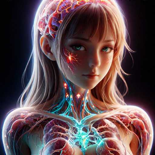 This image is a highly detailed, computer-generated illustration of a young woman, likely in her late teens or early twenties, set against a black background. The woman has long, dirty blonde hair with bangs, and her striking blue eyes are accentuated by her long eyelashes. Her face is turned slightly to the right, with her gaze directed towards the viewer. 

The most captivating aspect of the image is the intricate depiction of her internal anatomy. Her skin appears translucent, revealing a complex network of veins, arteries, and nerves that glow with a soft blue light. The veins and arteries are particularly prominent around her neck and shoulders, creating a luminous effect that contrasts beautifully with her pale complexion. 

On the right side of her face, there is a glowing orange starburst pattern, adding to the ethereal quality of the illustration. The image cuts off just below her chest, where the glowing blue light intensifies, highlighting her collarbones and shoulders. The overall effect is a mesmerizing blend of human anatomy and digital artistry, creating a visually stunning and somewhat surreal portrayal of the woman's interior.