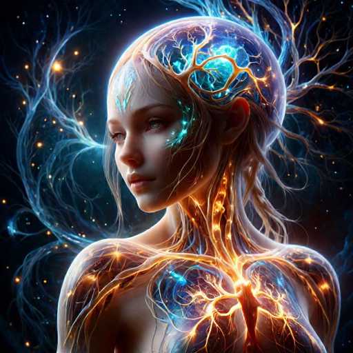 The image depicts a highly detailed, computer-generated rendering of a young woman, likely in her late teens or early twenties, with a futuristic and ethereal appearance. She has long, flowing blonde hair that cascades down her back, and her head is slightly tilted to the left, revealing a serene and almost expressionless face. Her skin is pale, and her eyes are a striking blue. The most captivating aspect of the image is the intricate depiction of her brain, which is visible through the transparent top of her skull, glowing with a vibrant blue light and adorned with tree-like branches. These branches extend outward, creating an impression of thoughts or neural connections reaching into the surrounding space. Her neck and shoulders are similarly transparent, revealing glowing blue veins and intricate, tree-like patterns that resemble the nervous system. The background is a deep, dark blue, reminiscent of a starry night sky, with swirling patterns of light blue and orange that add to the mystical and otherworldly atmosphere of the scene.