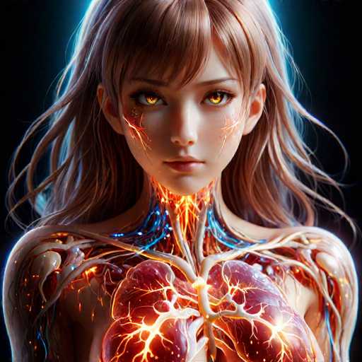 This image depicts a highly detailed, computer-generated anime-style woman with long, wavy, light brown hair that cascades down to her shoulders. Her striking, golden eyes are accentuated by heavy black eyeliner, and her lips are painted a soft pink. The woman's face is adorned with glowing orange lightning bolts that streak across her cheeks, neck, and chest, creating a dramatic effect. Her neck appears to be made of a glowing orange material, transitioning into a network of blue veins that extend up to her collarbones. Below her neck, her shoulders are visible, leading down to a pair of lungs that are illuminated with orange lightning bolts. The background is a stark black, which enhances the vivid colors and intricate details of her anatomy, making her appear almost ethereal.