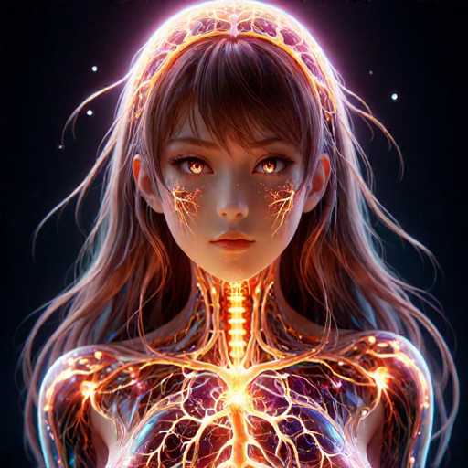 This image portrays a highly detailed, computer-generated depiction of a young woman, possibly of Asian descent, with long, flowing hair that transitions from a light brown to a reddish hue. Her hair is adorned with a headband that appears to be made of gold, featuring intricate designs that resemble veins or lightning bolts. The woman's eyes are a striking amber color, and her face is illuminated by a soft, glowing light that highlights her features. 

Her neck and upper chest are exposed, revealing a spine-like structure that emits a golden light, giving the impression of an internal, luminous skeleton. The veins in her body are depicted as glowing orange, resembling lightning or veins, and they extend from her neck down to her chest, creating a mesmerizing, almost ethereal effect. The background is a deep black, dotted with small white specks that resemble stars, enhancing the otherworldly atmosphere of the image. The overall composition suggests a fusion of human and digital artistry, with a futuristic, sci-fi aesthetic.