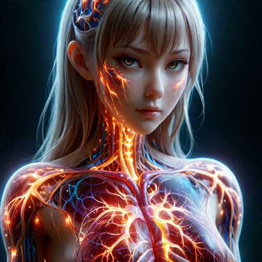 This image depicts a highly detailed, computer-generated rendering of a young woman, likely in her late teens or early twenties, with a distinctly anime-inspired appearance. She has long, straight blonde hair that cascades down to her shoulders, with bangs partially covering her forehead. Her eyes are a striking greenish-blue, and she has a small, pointed nose and pink lips. The woman is facing slightly to the right, with her head turned towards the viewer, giving a sense of engagement.

The most captivating aspect of the image is the intricate depiction of her body, which appears to be a fusion of human and digital elements. Her skin is translucent, revealing a complex network of glowing veins and arteries that seem to pulse with an inner light. These veins are illuminated in shades of orange, yellow, and red, creating a striking contrast against her fair complexion. Additionally, there are blue veins interspersed throughout her body, adding depth and complexity to the visual.

Her neck and upper chest area are particularly detailed, with the glowing veins and arteries extending up to her brain, which is also visible through her skull. The background is a solid black, which makes the luminous elements of her body stand out even more prominently. The overall effect is a mesmerizing blend of human anatomy and digital artistry, creating a futuristic and ethereal portrait.