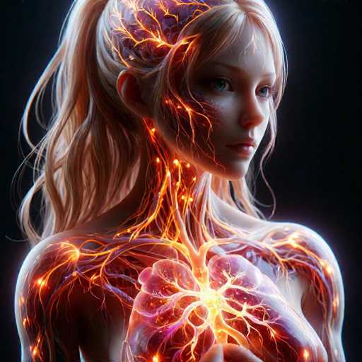 A woman with blonde hair and blue eyes is depicted wearing a red dress that has orange lines running through it. The woman's face features a unique design of orange lines and sparks coming from her forehead and neck area.
