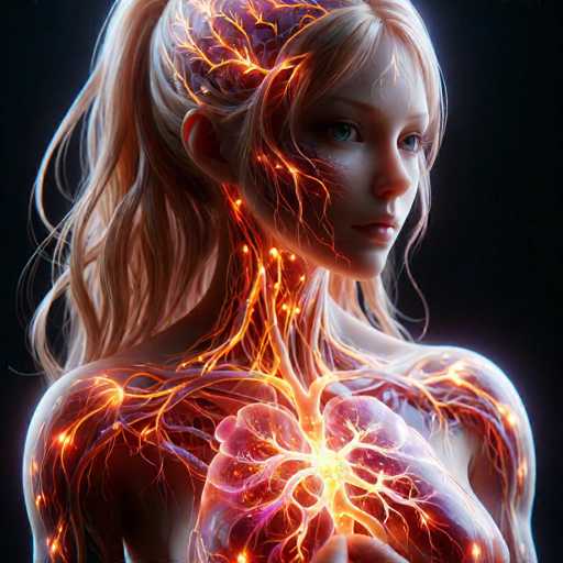 This image is a highly detailed, computer-generated illustration of a young woman, likely in her late teens or early twenties, set against a black background. The woman has long, wavy blonde hair tied back in a ponytail, with some strands framing her face. She has striking blue eyes and a serene expression, looking slightly to the right. Her skin is pale, and her body is depicted from the shoulders up, with her arms down by her sides.

The most captivating aspect of the image is the intricate network of glowing orange and yellow veins that run throughout her body, resembling lightning or fire. These veins are particularly prominent in her brain, neck, and chest, where they illuminate her heart with a bright yellow light. The veins create a vivid contrast against her skin, giving the impression of an internal, fiery glow that highlights her anatomy. The overall effect is a mesmerizing blend of human and fantastical elements, making the woman appear almost angelic or otherworldly.