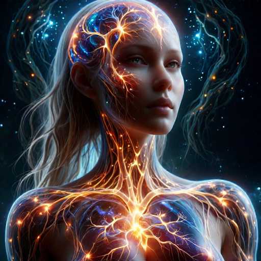 This captivating image portrays a futuristic, possibly AI-generated, woman with a blend of human and robotic features. She has long, flowing blonde hair and striking blue eyes, with a serene expression as she gazes to the right. Her face and neck are adorned with intricate, glowing orange lines that resemble veins or tendons, extending from her head down to her chest. These luminous lines create a stark contrast against her blue, metallic skin, which appears to be transparent in some areas, revealing a network of glowing blue veins beneath. The background is a mesmerizing expanse of deep blue, dotted with white and blue stars, enhancing the otherworldly atmosphere of the scene. The overall composition is square, with the woman's head positioned at the top and her body extending down to the bottom, creating a harmonious balance of futuristic and natural elements.