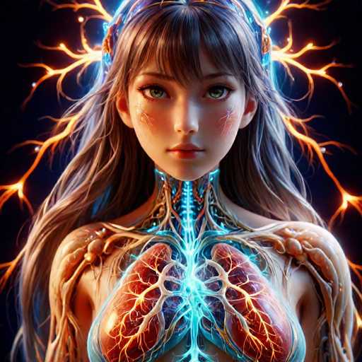This image is a highly detailed, computer-generated illustration of a young woman with long, flowing brown hair and bangs. Her striking green eyes are accentuated by long eyelashes, and her face is adorned with a unique blue light that extends from her neck down to her chest. The woman's expression is serious, and she gazes directly at the viewer. 

Her skin has a light tan complexion, and her face features intricate blue veins that resemble lightning bolts, particularly noticeable on her cheeks. The illustration reveals a blend of human and mechanical elements: her neck appears robotic, with visible blue lights and veins, and her chest showcases a pair of lungs with blue veins running through them. 

Her shoulders are covered in what looks like brown, skin-like material, adding to the surreal, hybrid appearance. Surrounding her head are glowing orange and yellow lines that resemble lightning bolts or electric currents, enhancing the futuristic and otherworldly feel of the image. The background is a deep black, making the vibrant colors and intricate details of the woman stand out dramatically.