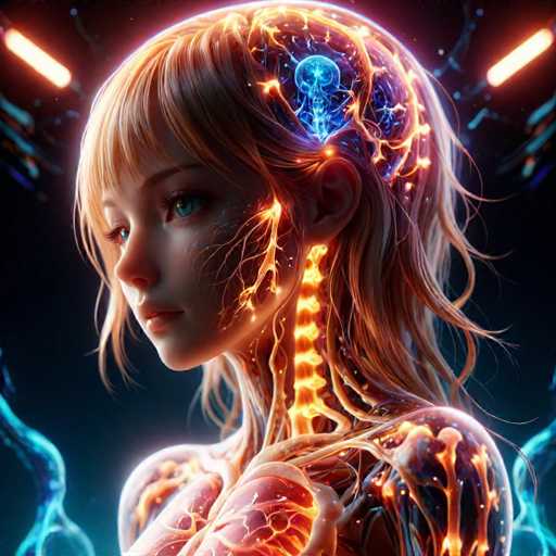 This digital artwork features a young woman with blonde hair and blue eyes, depicted in a side profile facing left. Her head is slightly tilted, revealing a glowing blue brain with intricate orange lines and veins extending from it. The image captures her from the chest up, with her shoulders and upper arms partially visible. Her skin appears translucent, revealing a pinkish-orange interior that resembles veins or muscles. The background is a dark blue, adorned with glowing orange and blue lines, adding to the ethereal quality of the piece. The overall composition suggests a blend of human and robotic elements, with the glowing orange lines and veins highlighting her connection to a digital or mechanical network.