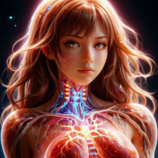 This image features a highly detailed, computer-generated depiction of a young woman with long, wavy brown hair and bangs. She has striking brown eyes and a small nose, with her gaze directed slightly to the left. The background is a deep black, accentuating the ethereal glow that surrounds her head and shoulders. Her skin is smooth and pale, with a hint of pink on her lips. 

The most captivating aspect of the image is the intricate, glowing network of blue and red veins that extend from her neck down to her chest, resembling a spine-like structure. These veins are illuminated with a soft yellow light, giving the impression of bioluminescence. The veins create a radiant effect, especially around her neck and shoulders, where they appear to glow more intensely. The overall composition gives the impression of a futuristic or otherworldly being, with the glowing veins and ethereal aura adding to her mystical allure.