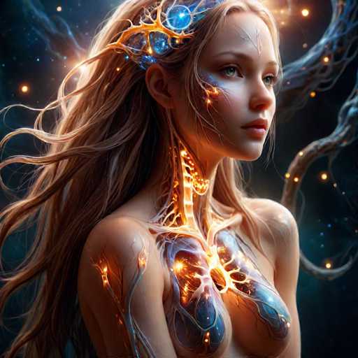 The image depicts a highly detailed, computer-generated portrayal of a young woman, possibly in her late teens or early twenties, with a blend of human and fantastical elements. She has long, flowing blonde hair that cascades down her back, and her face is turned slightly to the right, revealing her striking blue eyes and a serene expression. Her skin is pale, and there are intricate, glowing patterns on her face, neck, and chest, resembling veins or light-up lines that give her an ethereal appearance. 

Her face features a unique, glowing design on her cheek and a distinctive arrow-like pattern on her forehead. The area around her neck appears to be partially transparent, revealing glowing lines that extend down to her chest, which is adorned with a glowing heart shape. Her shoulders and arms are bare, and the background is a dark, starry night sky with wispy clouds and glowing stars, adding to the mystical atmosphere. 

Overall, the image combines elements of fantasy and science fiction, creating a captivating and otherworldly visual experience.