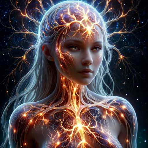 This image is a highly detailed, computer-generated illustration of a young woman, possibly in her late teens or early twenties, with long, flowing white hair. The background is a dark, starry night sky, filled with numerous stars that add a mystical ambiance to the scene. The woman's face is turned slightly to the right, with her eyes gazing directly at the viewer, exuding a sense of mystery and allure. Her eyes are a striking yellowish-green color, adding to her otherworldly appearance.

Her skin is a pale white, and her body is adorned with intricate, glowing orange lines that resemble veins or lightning bolts, extending from her head down to her chest. These lines create a tree-like pattern, with branches spreading out across her body, giving her an ethereal, almost supernatural aura. Her chest is bare, and the glowing lines continue down to her shoulders, enhancing the sense of power and energy emanating from her form. The overall effect is a captivating blend of beauty and mysticism, set against the vast expanse of the night sky.