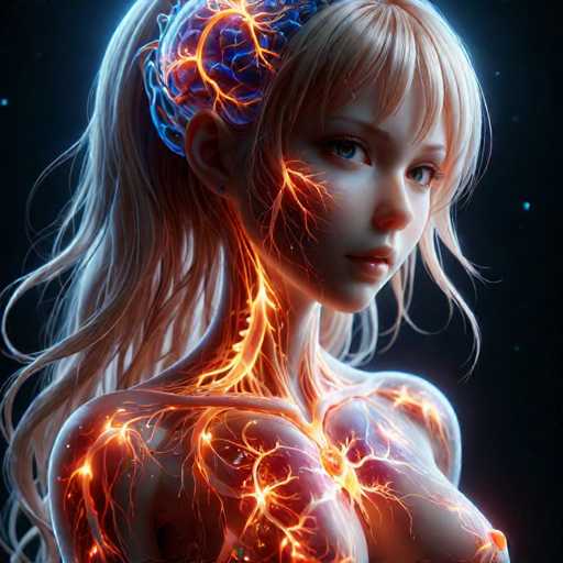 This image is a highly detailed, computer-generated illustration of a young woman, likely in her late teens or early twenties. The artwork is square-shaped, approximately six inches by six inches, and depicts the subject from the top of her head to just below her chest. She has long, flowing blonde hair that cascades down her back, with bangs framing her face. Her skin is pale, and she has striking blue eyes and a small, pouty mouth.

The woman is facing to the right, with her head slightly tilted towards the viewer, giving a sense of engagement. Her expression is neutral, and she appears to be looking directly at the observer. The background is a deep black, dotted with small blue stars, creating a cosmic or night sky effect.

The most striking feature of the image is the intricate depiction of her nervous system, which is illuminated in vibrant orange and yellow hues. This neural network is visible throughout her body, from her brain and down her neck, to her shoulders and chest. The neural pathways create a glowing, almost fiery effect, with the orange lines resembling veins or arteries. This gives the impression that her thoughts and emotions are visibly emanating from her body, adding a surreal and futuristic quality to the portrait.