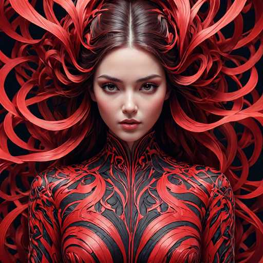 This image portrays a striking, AI-generated woman with an intense, almost otherworldly presence. Her face is framed by a cascade of long, flowing hair that transitions from dark brown at the roots to a vibrant red at the tips, creating a dramatic effect as it swirls and curls around her head. Her skin is fair, and she has a delicate, heart-shaped face accentuated by her full lips painted in a soft pink hue. Her eyes are a captivating brown, framed by long, dark eyelashes and enhanced with a touch of pink eyeshadow. Her eyebrows are thin and well-defined, adding to her intense gaze.

She is dressed in a high-necked, long-sleeved top that appears to be made of a leather-like material. The garment is predominantly black, adorned with intricate red patterns that resemble flowing ribbons or vines, adding a dynamic and somewhat surreal quality to her attire. The overall composition of the image, with its vivid colors and meticulous details, gives it a highly realistic yet fantastical appearance, characteristic of AI-generated art.