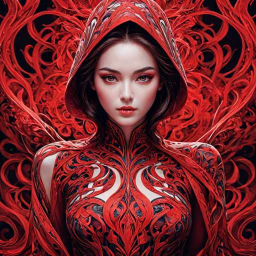 The image depicts a woman with long brown hair wearing a red hooded dress adorned with intricate designs and patterns. The background is black, which contrasts with the vibrant red of her dress and hood.