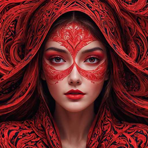 This image is a highly detailed, AI-generated close-up of a young woman, likely in her late teens or early twenties. She has fair skin and striking red eyes, accentuated by heavy red eyeshadow and bright red lipstick. Her dark brown hair is partially visible, with a hint of a part on the left side. She wears an elaborate, flowing red scarf adorned with intricate black patterns, which drapes over her head and shoulders, creating a dramatic effect. The scarf's design features swirling, vine-like patterns that extend across her face, covering her nose and eyes, and continuing onto her forehead. The overall composition is dominated by rich reds and blacks, with the woman's face and the ornate scarf being the central focus.
