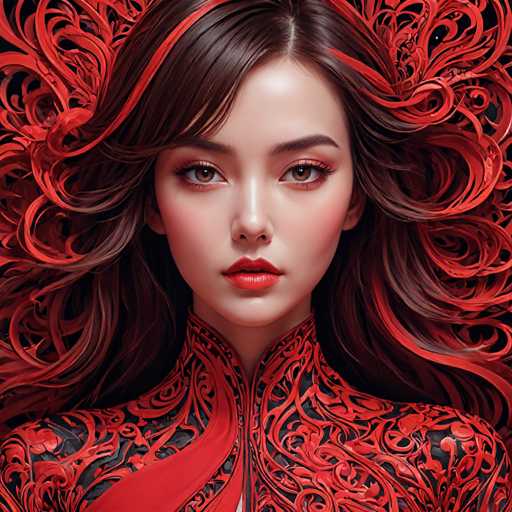 The image shows a close-up portrait of a young woman with long brown hair and red lipstick. The background is black, which contrasts with the vibrant red color of her hair and makeup. She is wearing a red dress that features intricate designs on it.