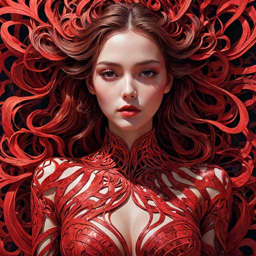 This image is a highly detailed, computer-generated illustration of a young woman with an intense, captivating presence. She has long, flowing red hair that appears to be made of intricate, stringy strands, giving it a dynamic and almost ethereal quality. Her hair is parted in the middle, framing her face, and it seems to extend endlessly, creating a striking visual effect. The woman's skin is very pale, contrasting sharply with her vibrant red lips and the red eyeshadow that accentuates her brown eyes. She is wearing a form-fitting, red dress that is intricately designed with stringy patterns, revealing glimpses of her bare shoulders and chest. The dress appears to be made of the same material as her hair, blending seamlessly into the overall red theme of the image. The background is a deep black, which further emphasizes the vivid reds and her pale complexion. Her expression is serious, with a slight frown, and she gazes directly at the viewer, creating a sense of direct engagement. The overall composition is square, focusing entirely on the woman from her chest up, with no other elements or text present in the image.