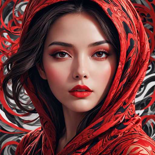 This image features a highly detailed, computer-generated portrait of a young woman, likely in her late teens or early twenties. She has long, dark brown hair that cascades down to her shoulders, partially hidden by a striking red and black patterned headscarf. The scarf, adorned with intricate floral designs, wraps around her head and drapes over her shoulders, adding a touch of elegance to her appearance. Her complexion is smooth and fair, with a subtle blush accentuating her cheeks. She wears bold red lipstick that complements her expressive brown eyes, which are framed by long eyelashes and defined by black eyebrows. Her gaze is direct and engaging, as she looks straight at the viewer. The background is a swirling mix of red, black, and white, creating a dynamic and somewhat abstract setting that contrasts with the sharp clarity of her face. The overall effect is a captivating blend of realism and artistic flair, making it difficult to discern whether the image is a photograph or a masterful digital creation.