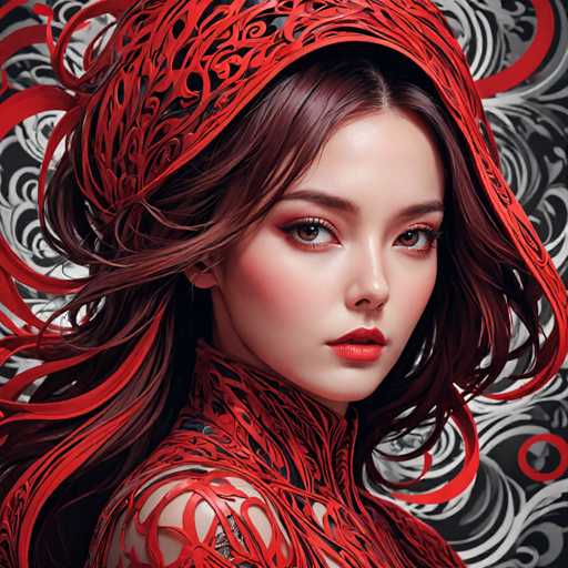 This image features a striking, computer-generated portrait of a young woman with a distinctly anime-inspired aesthetic. She has long, flowing brown hair that appears to be caught in a gentle breeze, adding a sense of movement to the still image. Her hair is adorned with intricate red designs that resemble delicate vines or leaves, seamlessly blending into her locks.

The woman's face is framed by a red, hood-like structure that drapes over her head, extending down to her shoulders. This hood is also embellished with the same intricate red patterns, creating a cohesive and visually captivating look. Her attire is equally elaborate, featuring a high collar that covers her neck and shoulders, all crafted from the same red material with the same detailed designs.

Her makeup is bold and dramatic, with bright red lipstick that complements her hair and outfit. Her eyes are a captivating brown, accentuated by heavy eye makeup that enhances her anime-like features. The background of the image is a stark black and white, featuring swirling patterns that provide a dramatic contrast to the vivid red of her attire and hair.

Overall, the image is a harmonious blend of intricate design, bold colors, and a futuristic anime style, creating a visually stunning and memorable portrait.