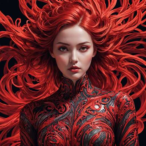 This image features a striking, AI-generated depiction of a young woman with an intense, almost otherworldly presence. She has long, flowing red hair that appears to be caught in a powerful gust of wind, creating a dynamic and chaotic effect. Her hair is so vividly red that it almost seems to glow, adding to the surreal quality of the image.

The woman's face is framed by her flowing locks, with her eyes being a captivating blue that contrasts sharply with her pale complexion. Her lips are painted a deep red, matching the color of her hair, and her expression is serious and focused, as she gazes directly at the viewer.

She is wearing a high-necked top that appears to be made of a metallic or leather material, adorned with intricate red swirls and patterns that complement her hair. The top is form-fitting, accentuating her figure, and the design extends down to her chest, where it continues with the same red and black swirls.

The background of the image is a deep black, which makes the vibrant colors of the woman and her hair stand out even more dramatically. The overall effect is one of intense beauty and mystery, with the woman's red hair and eyes drawing the viewer's attention and creating a powerful visual impact.