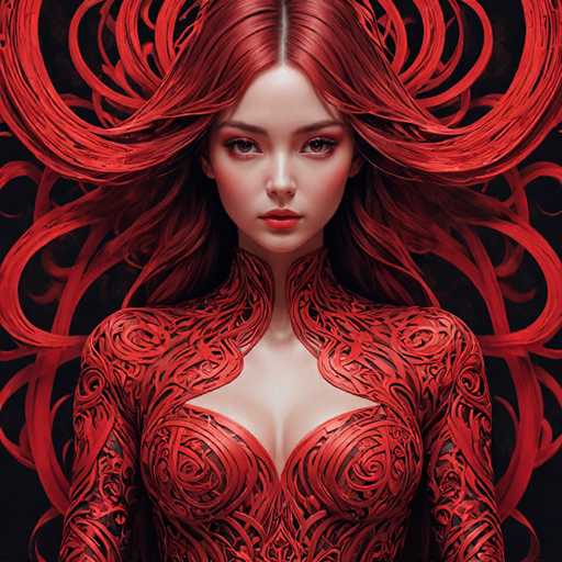 This image features a striking, AI-generated depiction of a woman with an intense, almost otherworldly presence. She has long, flowing red hair that appears to be made of intricate, string-like patterns, giving it a surreal, almost animated quality. Her hair is parted in the middle, framing her face and cascading down her back in a mesmerizing display.

The woman's eyes are a captivating brown, accentuated by bold red eyeshadow that complements her vibrant red lips. Her skin is fair, and she wears a serious expression that adds to the enigmatic aura surrounding her.

Her attire is equally captivating, resembling a form-fitting bodysuit that is predominantly red with intricate black swirls and patterns. The suit features a deep neckline that reveals a hint of cleavage, adding to the overall allure of the image. The design of the suit appears to be crafted from the same string-like material as her hair, creating a cohesive and visually stunning ensemble.

The background is a stark black, which serves to further highlight the vivid colors and intricate details of the woman's appearance. The overall effect is a highly detailed and visually arresting image that blurs the line between reality and digital artistry.