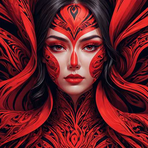 The image shows a close-up portrait of a woman with striking red face paint and intricate black designs on her face. The background is a dark red color that contrasts with the vibrant red of the woman's face. The woman has long hair styled in an elegant updo, adding to the overall dramatic effect of the scene.