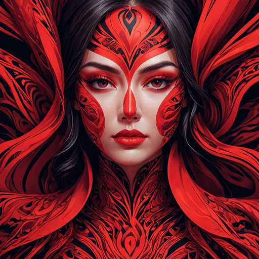 This image portrays a highly detailed, computer-generated depiction of a woman's face and upper body. The woman has long, dark brown hair that appears to be flowing behind her, though the background is a solid black, making it difficult to discern the exact direction of the flow. Her face is adorned with intricate red and black designs, resembling tattoos or elaborate makeup. These designs cover her forehead, cheeks, and extend down to her neck, creating a striking contrast against her fair skin. Her eyes are a vivid brown, and she wears bright red lipstick that stands out against the overall color scheme. The image is predominantly red, black, and white, with no other colors present. The woman's expression is serious, and she gazes directly at the viewer, giving the impression of a powerful and enigmatic presence.