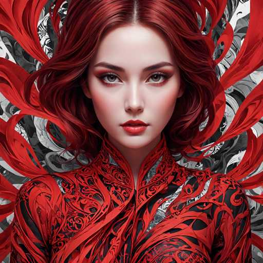 This image features a striking, computer-generated portrait of a young woman with a pale complexion. Her hair is a vibrant red, styled in a short, wavy bob that frames her face. She has expressive brown eyes and is adorned with bold red lipstick. Her attire is equally captivating, resembling a high-necked dress or shirt made of intricate red and black fabric. The fabric appears to be woven with elaborate patterns, giving it a textured, almost three-dimensional effect. Surrounding her are dynamic red ribbons that seem to flow and dance around her, adding a sense of movement and energy to the composition. The background is a stark black and white, which contrasts sharply with the vivid colors of her hair and dress, making her stand out even more prominently. The overall effect is a visually arresting image that blends realism with fantasy.
