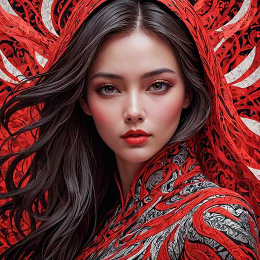 This image features a young woman with long, dark brown hair that cascades down to her chest. She has striking brown eyes and is adorned with red lipstick, complementing her fair complexion. Her attire is a high-necked dress or jacket, intricately designed with red and black swirls and patterns, and it appears to be made of a shiny material. The garment is fastened with a zipper that runs up to the collar. Draped over her head is a red scarf or hood, embellished with black and white swirls, adding to the elaborate nature of her outfit. The background is a solid black, which makes the vivid colors of her attire and the intricate details of her clothing stand out prominently.