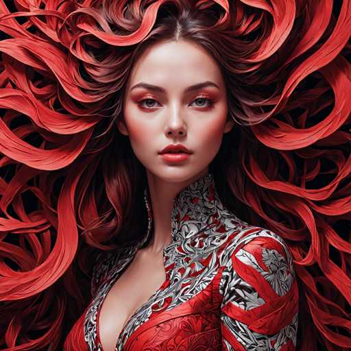 This image features a strikingly beautiful young woman, likely in her early 20s, with an intense and captivating gaze directed straight at the viewer. Her hair is a mesmerizing blend of reddish-brown and dark brown, cascading in long, flowing waves that extend beyond the frame, creating an almost ethereal effect. The hair appears to be enhanced with a red filter, adding to its dramatic and fiery appearance.

Her complexion is fair, and she wears makeup that accentuates her features: pink eyeshadow, red lipstick, and a touch of blush on her cheeks. Her eyes are a captivating shade of blue, framed by dark brown eyebrows. She is dressed in a high-necked top that combines red and black with intricate silver patterns, adding to her elegant and somewhat mysterious aura. The overall composition of the image, with its vivid colors and detailed textures, gives it a surreal, almost AI-generated quality.