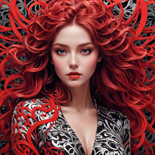This image features a young woman with strikingly vibrant red hair, which is styled in loose, curly waves that cascade down to her waist. Her hair appears almost surreal, with a texture reminiscent of red licorice. She has a fair complexion, accentuated by bold red lipstick and subtle eye makeup, including a hint of purple eyeshadow. Her eyes are a captivating blue, and her expression is serious, with her gaze directed straight at the viewer. She is dressed in a black and white floral-patterned dress, which features intricate red swirls on the left side, adding a touch of color to the otherwise monochromatic outfit. The background is a blend of gray and black, with swirling patterns that echo the design of her dress, creating a cohesive and visually striking composition.
