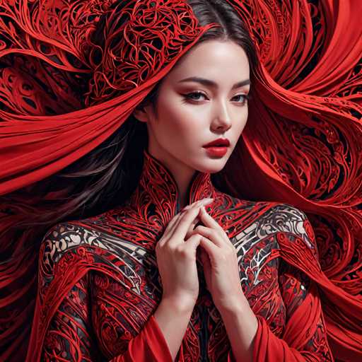 This image portrays a young Asian woman, likely in her late teens or early twenties, with a serene and composed expression. She has long, dark brown hair that flows down her back, intricately adorned with elaborate red designs that resemble vines or intricate patterns. Her hair is styled in a way that it frames her face and extends into a flowing red cape-like structure. She is wearing a high-necked, long-sleeved dress that features a striking combination of black, red, and white colors, with intricate swirling patterns and swirls. The dress has a high collar that extends up to her neck, and her hands are clasped together in front of her chest. Her makeup is subtle yet striking, with red lipstick and light eye makeup, enhancing her natural beauty. The overall composition of the image, with its detailed and ornate elements, suggests a blend of traditional and fantastical aesthetics, possibly hinting at a character from a video game or a fantasy setting.