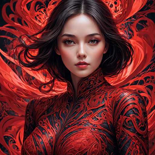 The image shows a close-up portrait of a woman with dark hair and red lips wearing a striking red dress with black accents. The background is a chaotic mix of red lines and shapes that create an abstract pattern.