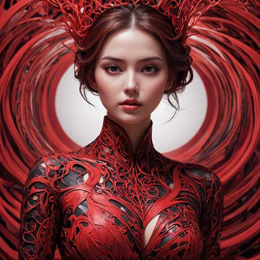 This image features a striking young woman with an ethereal appearance. She has fair skin and captivating brown eyes, accentuated by her red lipstick. Her hair is a rich brownish-red, styled in an intricate updo with delicate wisps framing her face. Atop her head, she wears an elaborate red headdress that resembles a crown, adorned with intricate swirls and lines, adding to her regal aura.

Her attire is equally captivating, a form-fitting dress that appears to be made of a material as smooth as silk. The dress is predominantly black, embellished with intricate red swirls and lines that create a mesmerizing pattern. The neckline is high, reaching up to her neck, and features a V-shaped cutout that adds a touch of allure to her ensemble.

The background complements her striking appearance, with a white backdrop that enhances the vividness of her red headdress and dress. Surrounding her are swirling patterns in shades of red, black, and white, creating a dynamic and almost hypnotic effect that draws the eye. These swirls seem to emanate from behind her, adding depth and movement to the image. The overall composition is both elegant and otherworldly, making the woman appear as though she belongs in a realm of fantasy.