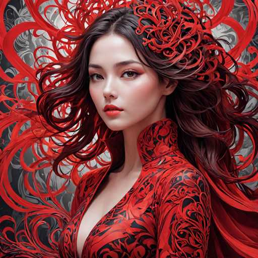 The image depicts a young Asian woman, likely in her late teens or early twenties, with long, flowing dark brown hair that appears to be blowing in the wind. She has a pale complexion, accentuated by her striking makeup, which includes red lipstick and brown eyes. Her attire is a high-necked, low-cut top, predominantly red with intricate black floral patterns. The background is a grayish-white, adorned with swirling red and black designs that complement her outfit and hair. The overall composition gives the impression of a stylized, possibly AI-generated or painted, portrait of a young woman in a traditional yet fantastical setting.