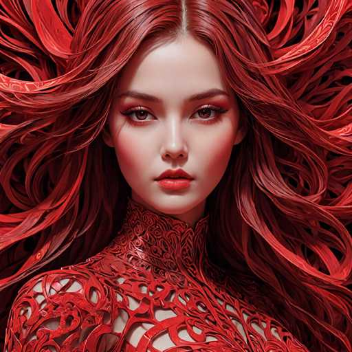 This image features a highly detailed, AI-generated depiction of a young woman, likely in her late teens or early twenties. The subject has long, flowing red hair that cascades down to her waist, with a strikingly pale complexion that contrasts sharply with her vibrant hair. Her eyes are a captivating brown, and she wears a touch of red lipstick that complements her overall appearance. The woman is adorned in a high-necked, red dress that appears to be intricately designed with a pattern reminiscent of tree branches or vines. The dress is semi-transparent, revealing glimpses of her skin beneath. The background is a deep, dark red, which further accentuates the vividness of her red hair and attire. The image is square in shape, and the woman gazes directly at the viewer, creating a sense of engagement. The overall aesthetic is reminiscent of a scene from a fantasy or historical drama, with the subject's attire and appearance evoking a sense of timeless elegance.