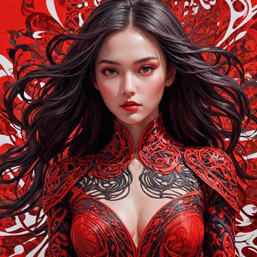 The image depicts a woman with long dark hair wearing a red dress adorned with black and white designs. The background is a vibrant red color with intricate patterns that add depth and complexity to the scene.