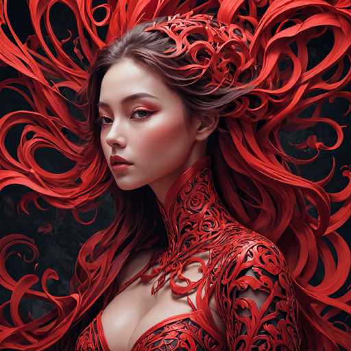 This image portrays a highly detailed, computer-generated depiction of a young Asian woman, likely in her late teens or early twenties. She has long, flowing brown hair that transitions into vibrant red, flame-like strands that extend dramatically into the background. Her complexion is fair, and she wears striking red eyeshadow that accentuates her large, expressive eyes. Her lips are painted a vivid red, and her face is adorned with subtle blush on her cheeks. She is dressed in a form-fitting, red outfit that features intricate black swirls and patterns, resembling a corset or bra. The outfit is low-cut, revealing a significant portion of her chest. Her neck is elongated, and her ears are partially visible. The overall image has a dark, black background that enhances the vividness of her red attire and hair, giving the impression of a fiery, ethereal presence.