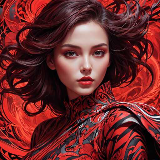 This image is a detailed, computer-generated illustration of a young woman, likely in her late teens or early twenties. She has long, wavy brown hair that appears to be blowing in the wind, adding a dynamic element to the composition. Her complexion is very pale, and she has striking brown eyes accentuated by heavy eye makeup, including pink eyeshadow and mascara. Her lips are painted a vivid red, and her expression is serious, with her mouth slightly open, revealing her top teeth.

She is wearing a high-collared, long-sleeved top that features a striking red and black pattern, reminiscent of a kimono or a high-necked dress. The fabric appears to be flowing and billowing, adding to the sense of movement in the image. The background is a swirling mix of red and black, creating a fiery, almost abstract effect that complements the boldness of her attire and hair. The overall style of the image is reminiscent of a video game or anime character, with its vivid colors and dynamic composition.