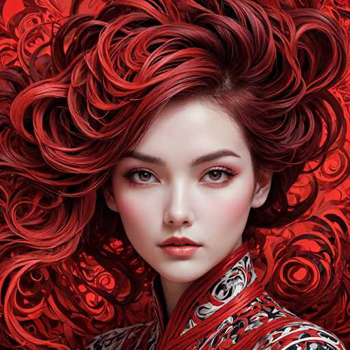 The image shows a close-up portrait of a woman with long red hair styled in an intricate updo. The woman is wearing a traditional Chinese outfit that includes a collar and sleeves. The background features a vibrant red color, which contrasts with the woman's hair and adds depth to the composition.