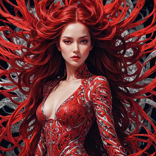 The image depicts a highly detailed, computer-generated or AI-generated artwork of a young woman with an ethereal appearance. She has long, flowing red hair that extends past her waist, with strands appearing to float upwards, giving the impression of being caught in a gentle breeze. Her hair is intricately designed with silver and gray accents, adding depth and texture. The woman's complexion is very pale, and she has striking red lips and brown eyes. She is dressed in a form-fitting, low-cut red dress adorned with intricate silver and gray swirls, which accentuates her slender figure. The dress features a high collar that extends up to her neck, and it appears to have a zipper down the front. The background is a stark black, which contrasts sharply with the vibrant colors of her hair and dress, making her stand out prominently. The overall composition suggests a fantasy or video game character, with a blend of realism and artistic embellishments.