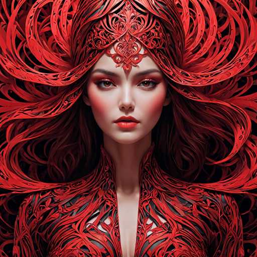 This image is a highly detailed, computer-generated illustration of a woman with a striking, almost otherworldly appearance. She has long, flowing brown hair that transitions into an intricate, red, leaf-like structure, giving the impression of a hat or elaborate headdress. Her face is adorned with heavy makeup, including red lipstick, blush, and eye shadow, which accentuates her brown eyes. She wears a high-collared, black dress with a deep V-neck, intricately designed with red, leaf-like patterns that mirror the ornate headpiece. The overall color scheme of the image is dominated by shades of red, black, and brown, creating a cohesive and visually captivating portrait. The woman's expression is serious, and she gazes directly at the viewer, adding to the image's dramatic and mysterious atmosphere.