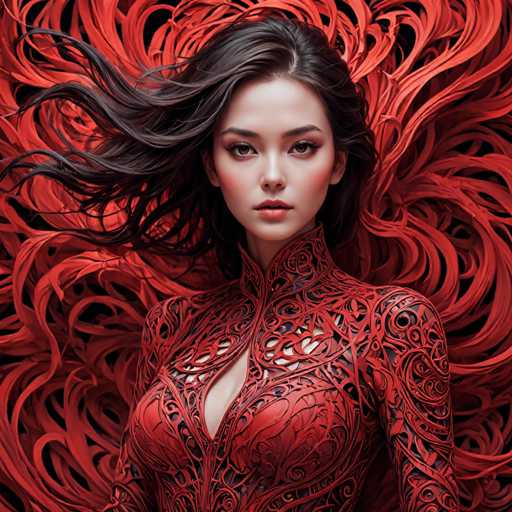 The image shows a close-up portrait of a woman with long dark hair and striking red lips against a backdrop of vibrant orange lines that appear to be swirling around her. The woman is wearing a red dress with intricate designs on the sleeves and neckline, adding an element of elegance and sophistication to her appearance.