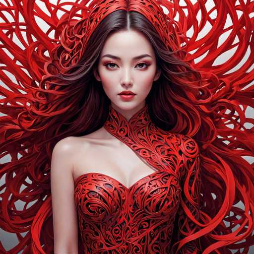 This image features a striking, computer-generated depiction of a young woman, possibly of Asian descent, with long, flowing dark brown hair. Her hair is adorned with intricate, red, ribbon-like strands that extend outward, creating a dramatic and ethereal effect. She has a pale complexion, accentuated by her bold red lipstick and subtle eye makeup, which includes a touch of pink eyeshadow. Her attire is equally captivating, resembling a red, sleeveless dress or corset with a high collar that wraps around her neck. The dress is intricately designed with swirling patterns and cutouts, adding to the overall sense of elegance and mystery. The background is a muted gray, which further highlights the vividness of her red hair and dress, making her the focal point of this captivating image.