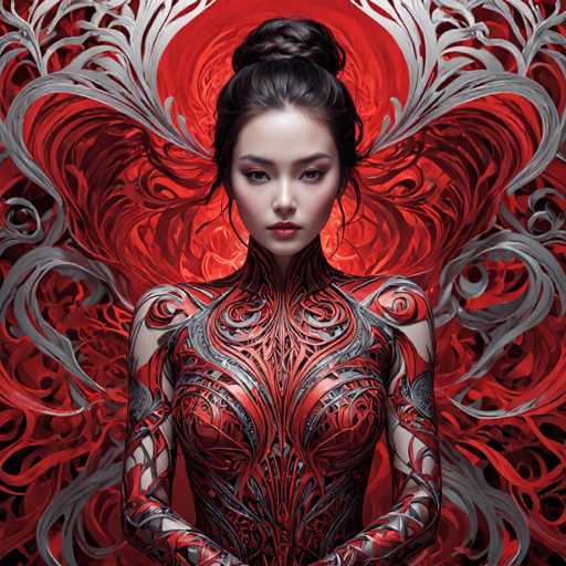 The image depicts a highly detailed, AI-generated or computer-generated artwork of a young Asian woman, possibly Japanese or Korean, with dark black hair styled in a bun. She has a serious expression, with her eyes looking slightly downward, and is adorned with red lipstick. The woman is dressed in a form-fitting, metallic outfit that combines red, black, and gray hues, featuring intricate swirls and patterns. The outfit includes a high collar that extends up to her neck, and it appears to be made of a material that could be leather or metal. Her arms are covered by the outfit, with her hands positioned in front of her waist. Surrounding her are swirling patterns of red and gray, resembling feathers or smoke, which add to the dynamic and somewhat ethereal quality of the image. The background is a vibrant red, enhancing the overall dramatic effect of the artwork.