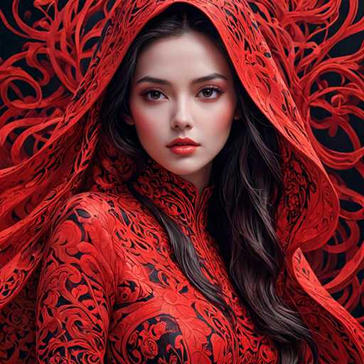 The image shows a close-up portrait of a young woman with long dark hair wearing a red hooded dress adorned with intricate black and red floral patterns. The background is a stark black, which contrasts sharply with the vibrant red color of her dress and highlights her as the main subject of the photograph.