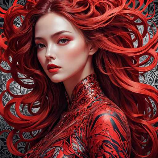 This image features a striking, AI-generated depiction of a young woman with an ethereal appearance. She has long, flowing red hair that cascades down her back, with some strands curling and others straight. Her complexion is fair, and she has a delicate, heart-shaped face. Her eyes are a captivating grayish-brown, accentuated by light pink eyeshadow and red lipstick. She is adorned in a high-necked, long-sleeved top that is predominantly red with intricate black and gray swirls, giving it a glossy, almost plastic-like texture. The background is a dark gray with subtle floral patterns, enhancing the overall mysterious and otherworldly aura of the image.