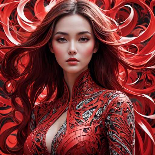 The image shows a close-up portrait of a woman with long red hair styled in loose waves. She is wearing a red dress that features intricate designs and patterns on the sleeves and collar. The background is a dark red color, which contrasts with her hair and dress, making them stand out prominently.